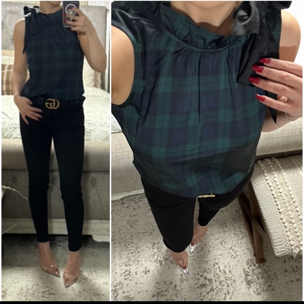 New❤️💚Beautiful Blackwatch /Red plaid bow-neck blousy top